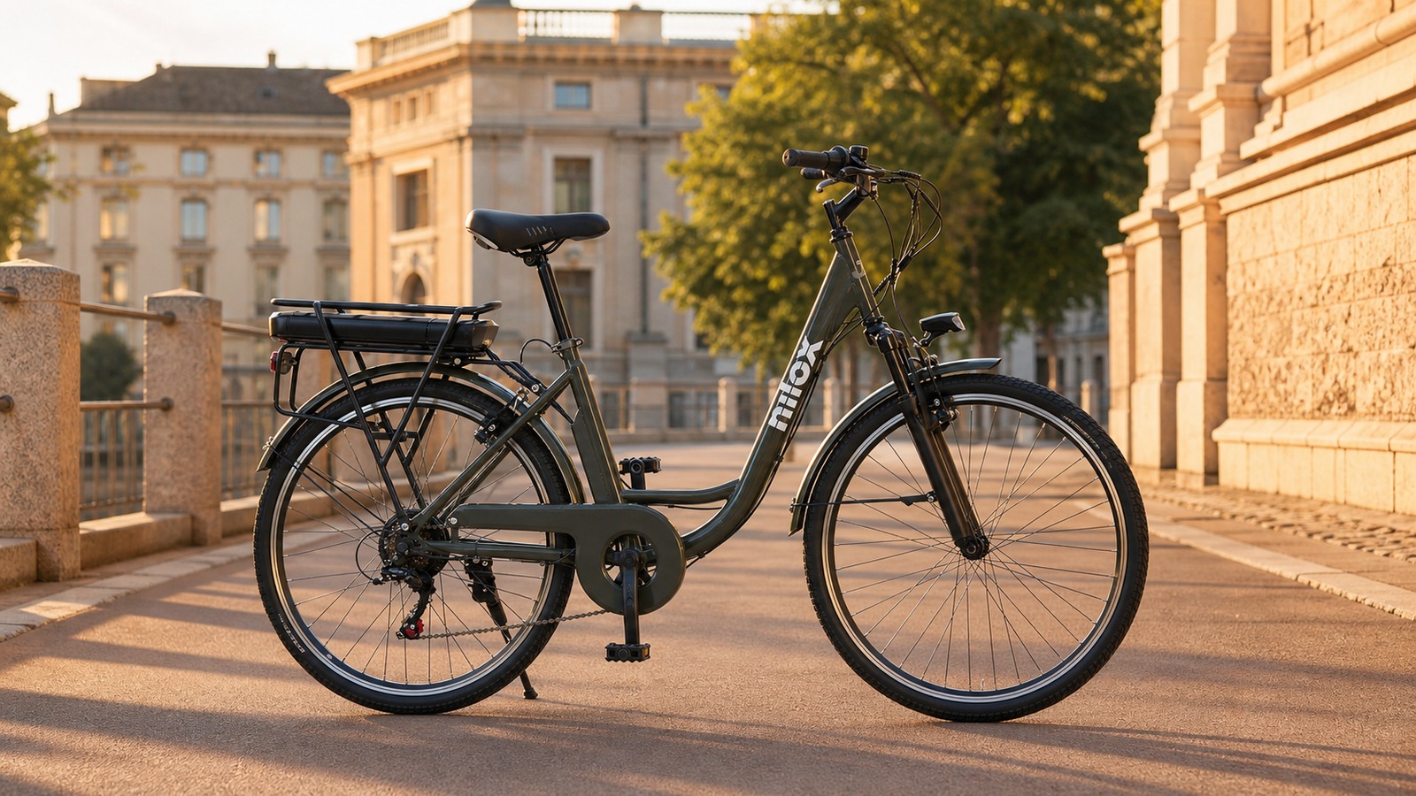 Nilox J5 Pro color antracite su una pista ciclabile urbana al tramonto