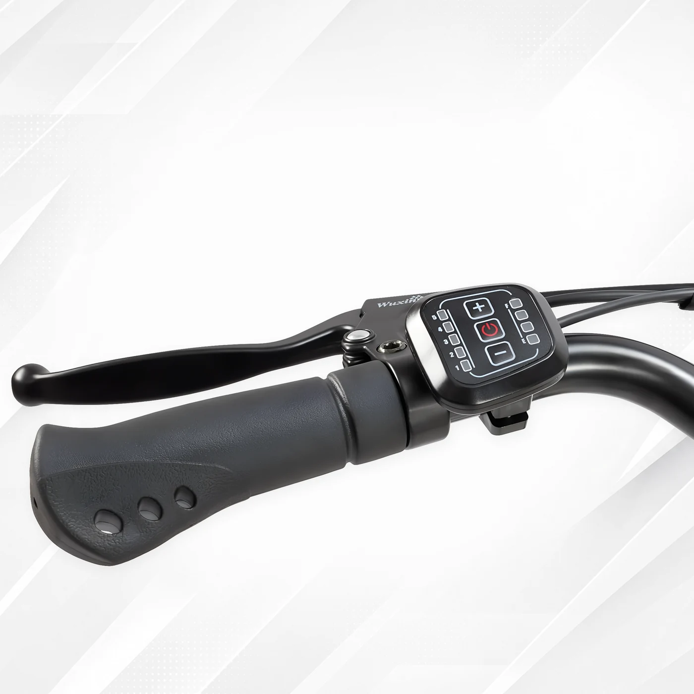 Dettaglio della leva freno sinistra, della manopola e del pannello LED con cinque livelli di assistenza della Nilox J5 Pro
