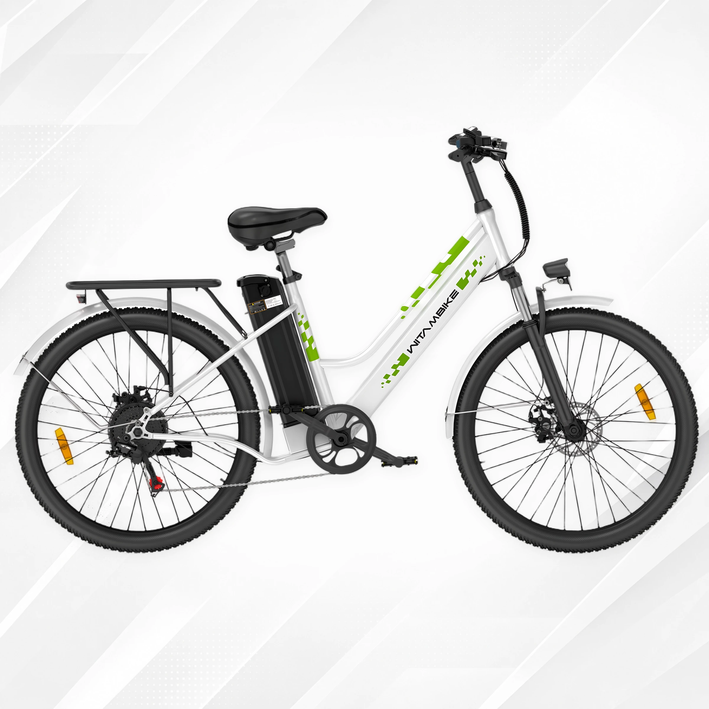 WITAMBIKE C26 bianca vista lateralmente con telaio basso, batteria da 540 Wh, portapacchi, parafanghi e ruote da 26 pollici