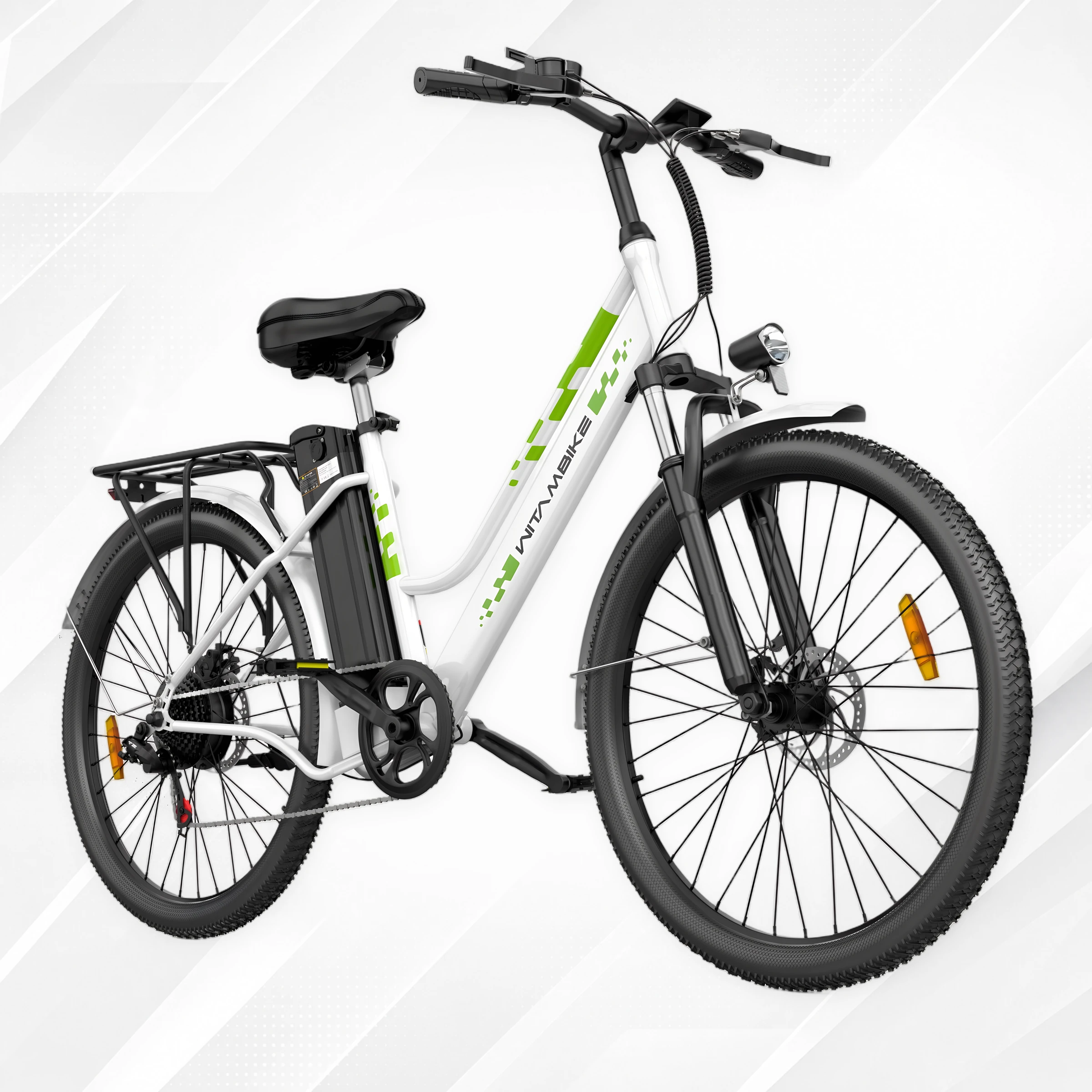 WITAMBIKE C26 vista da tre quarti anteriore destro con fanale, forcella ammortizzata e freno a disco anteriore