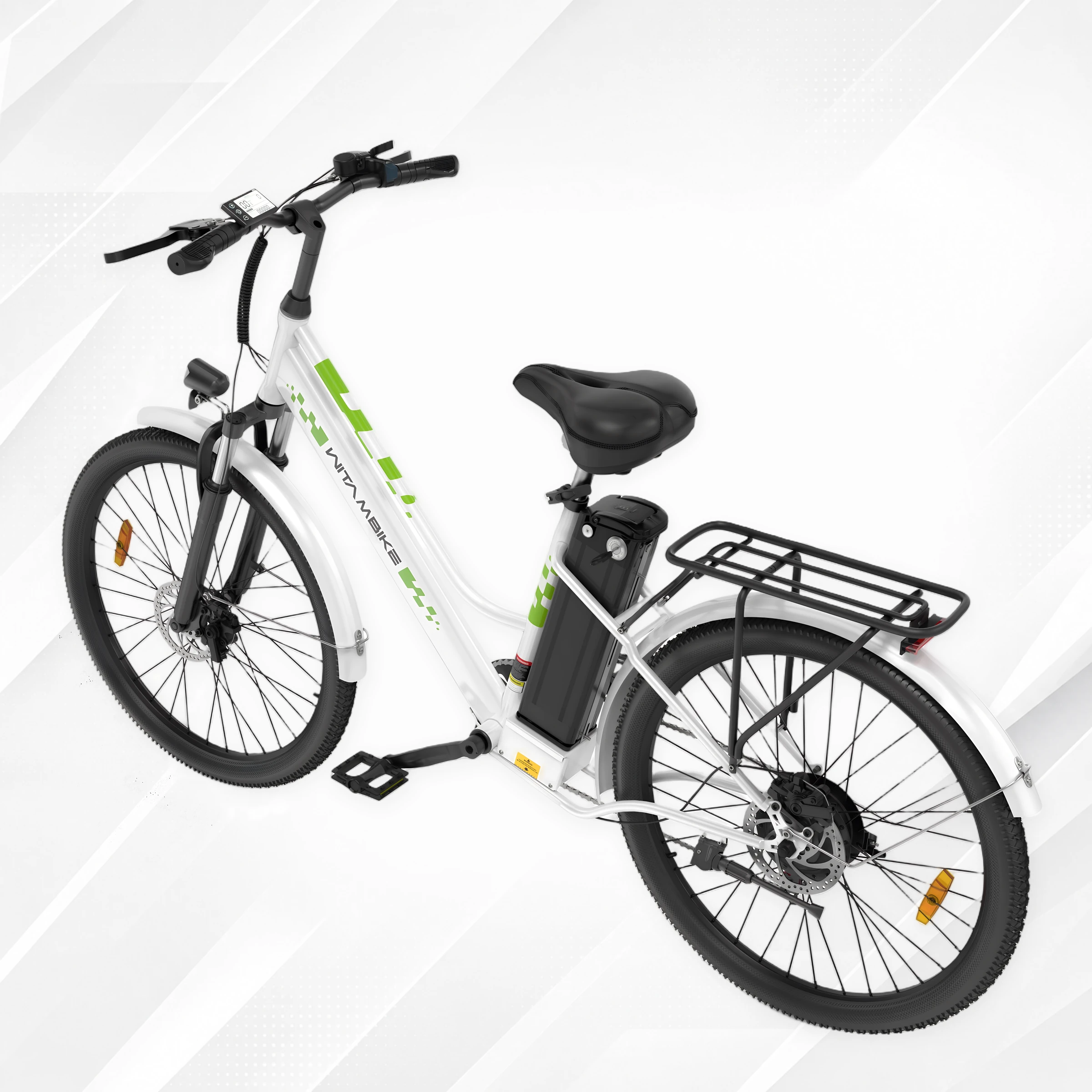 WITAMBIKE C26 vista da tre quarti posteriore con motore nel mozzo, cambio Shimano a 7 velocità e portapacchi